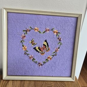 Vintage Butterfly Heart Needlepoint Cross Stitch Purple Art In Frame